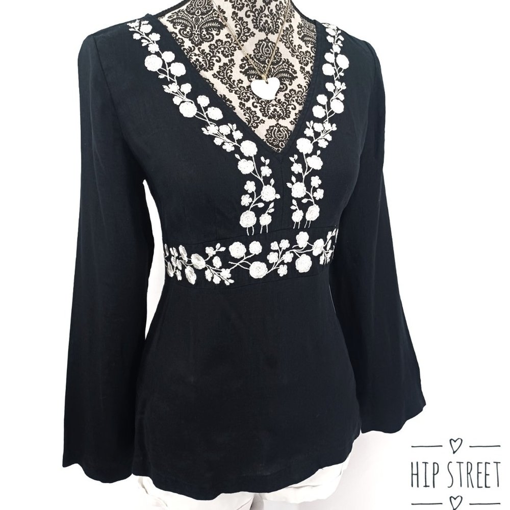 LOFT LS High Waist V Neck Embroidered Floral Linen Blouse Top 6